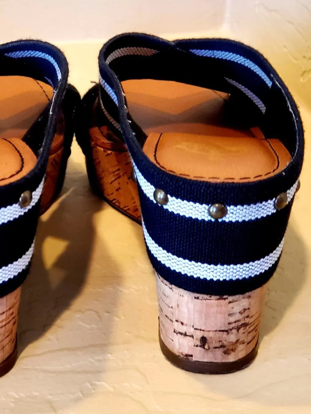 Cork Wedge Navy Blue & White Sandals Slip On Shoes Wedge Nautical Espadrilles